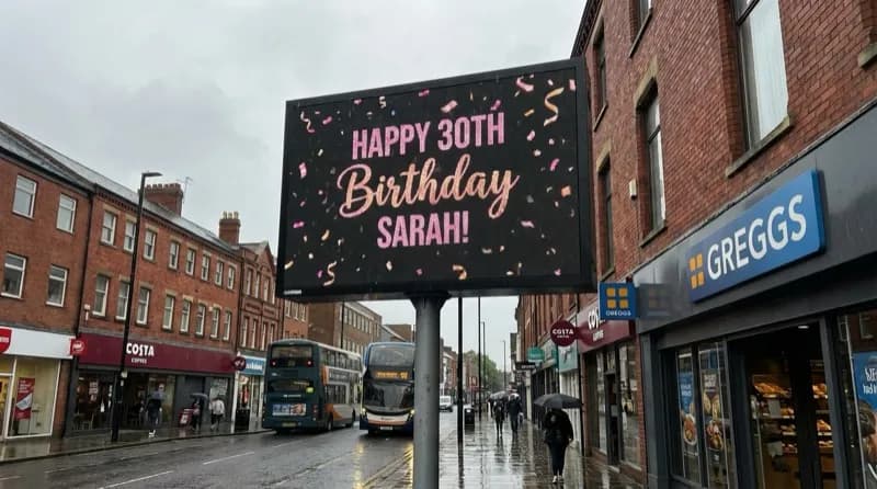 Happy 30th birthday message on a high street billboard